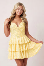 Yellow Halter Tiered Satin A-Line Corset Homecoming Dress With Pearl - Curvevia