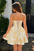 Pink Jacquard A-Line Strapless Corset Homecoming Dress With Pearl - Curvevia