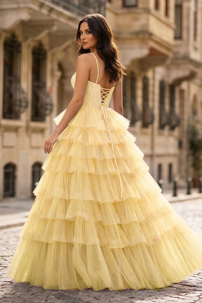 Spaghetti Straps Sweetheart Layered Tulle Formal Prom Dress with Slit - Curvevia