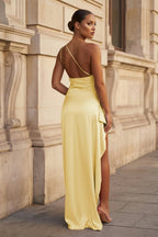 Pink One Shoulder Sheath Satin Long Wedding Guest Dress With Slit - Curvevia