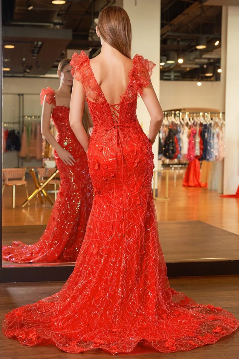 Yellow Ruffle Straps 3D Flower Mermaid Long Evening Dress - Curvevia