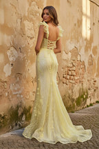 Yellow Ruffle Straps 3D Flower Mermaid Long Evening Dress - Curvevia