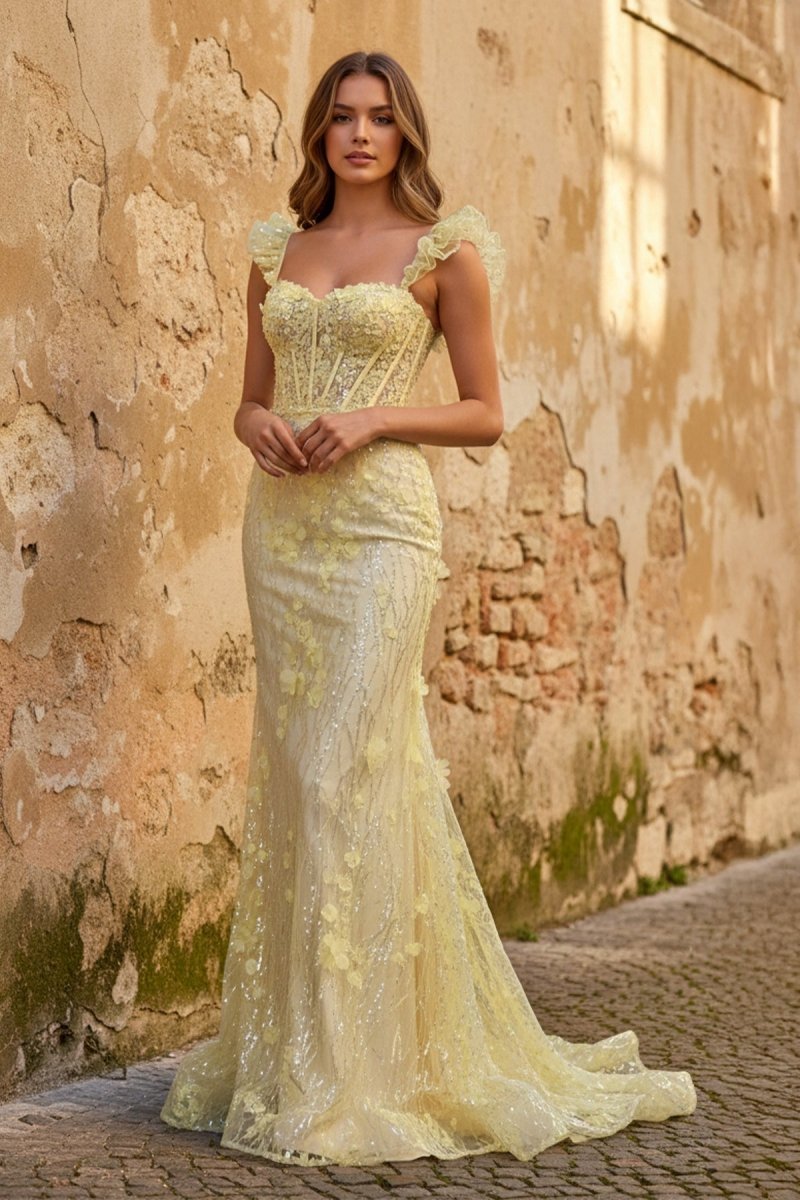Yellow Ruffle Straps 3D Flower Mermaid Long Evening Dress - Curvevia