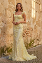 Yellow Ruffle Straps 3D Flower Mermaid Long Evening Dress - Curvevia