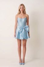 Yellow Satin Strapless A-Line Corset Pearl Homecoming Dress With Bowknot - Curvevia