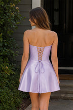 Yellow Satin Strapless A-Line Corset Pearl Homecoming Dress With Bowknot - Curvevia