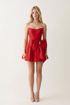 Yellow Satin Strapless A-Line Corset Pearl Homecoming Dress With Bowknot - Curvevia