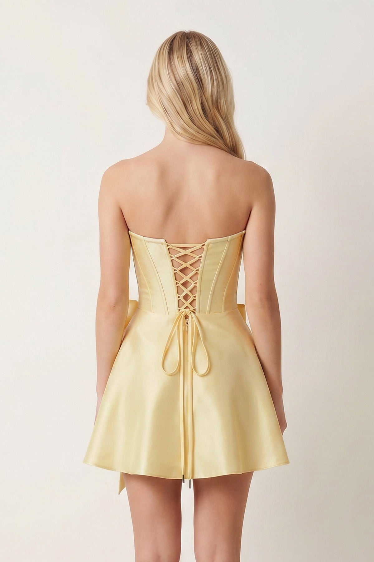 Yellow Satin Strapless A-Line Corset Pearl Homecoming Dress With Bowknot - Curvevia