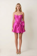 Yellow Satin Strapless A-Line Corset Pearl Homecoming Dress With Bowknot - Curvevia