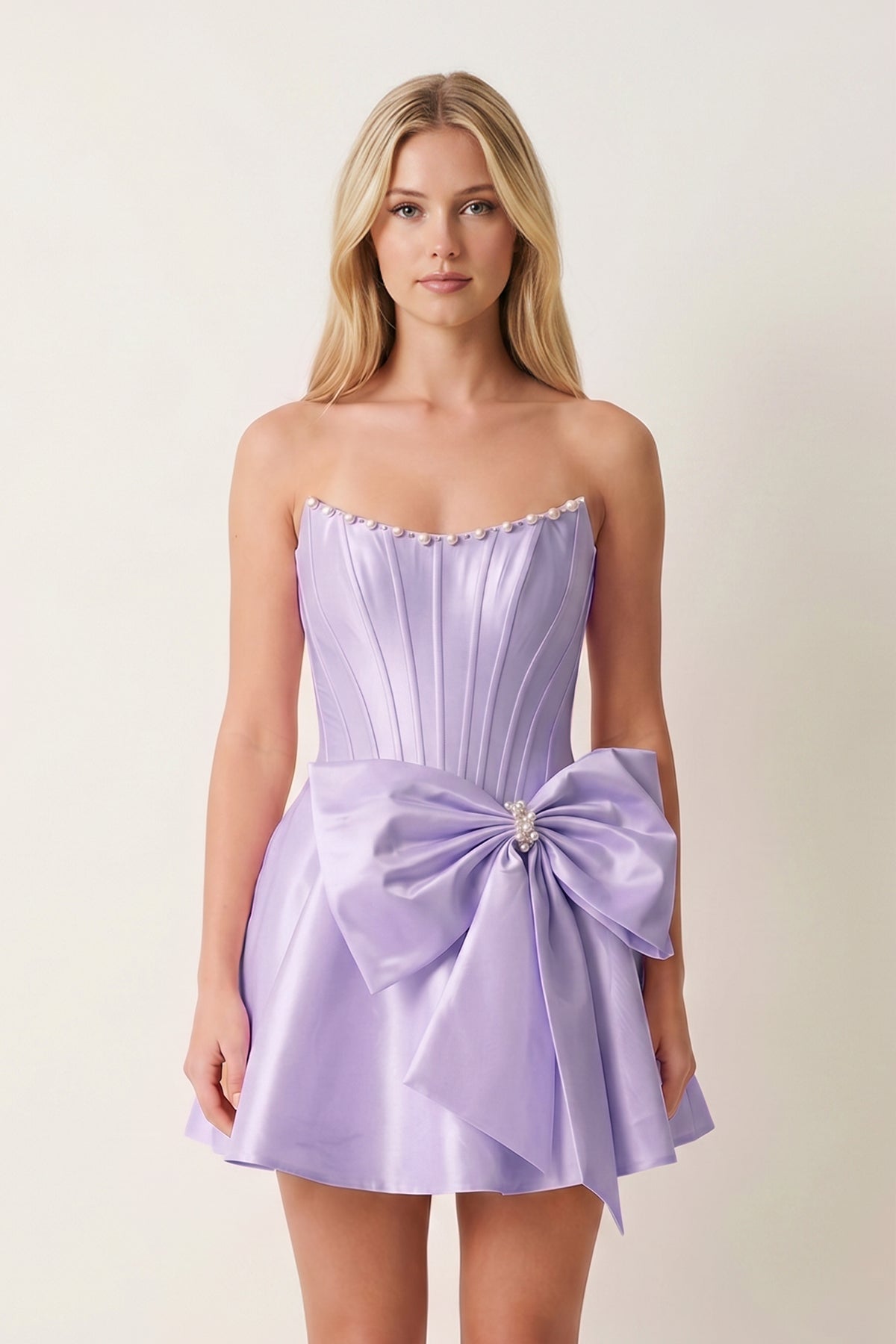 Yellow Satin Strapless A-Line Corset Pearl Homecoming Dress With Bowknot - Curvevia