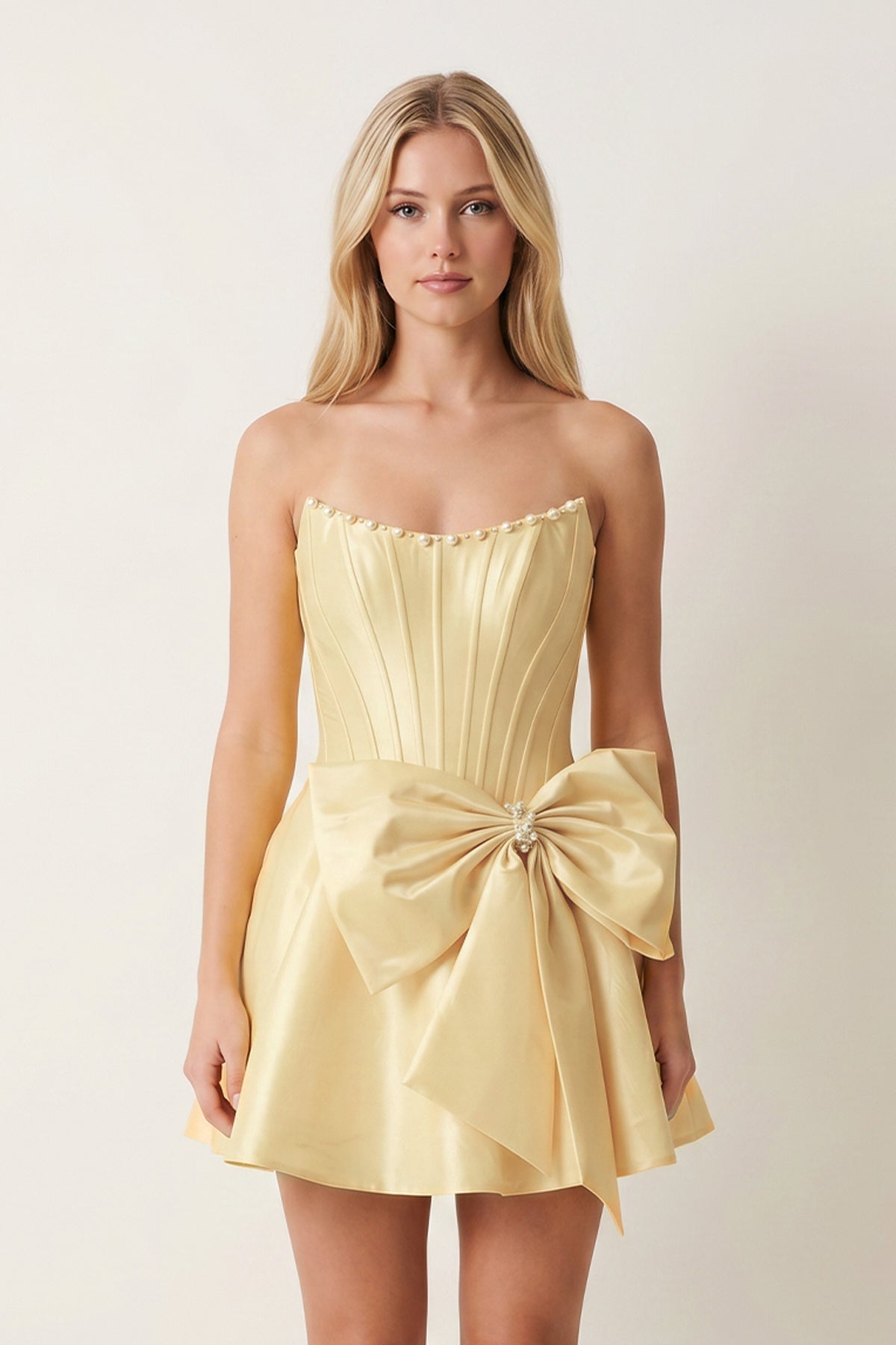 Yellow Satin Strapless A-Line Corset Pearl Homecoming Dress With Bowknot - Curvevia