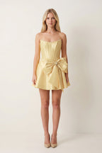 Yellow Satin Strapless A-Line Corset Pearl Homecoming Dress With Bowknot - Curvevia