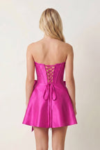 Yellow Satin Strapless A-Line Corset Pearl Homecoming Dress With Bowknot - Curvevia
