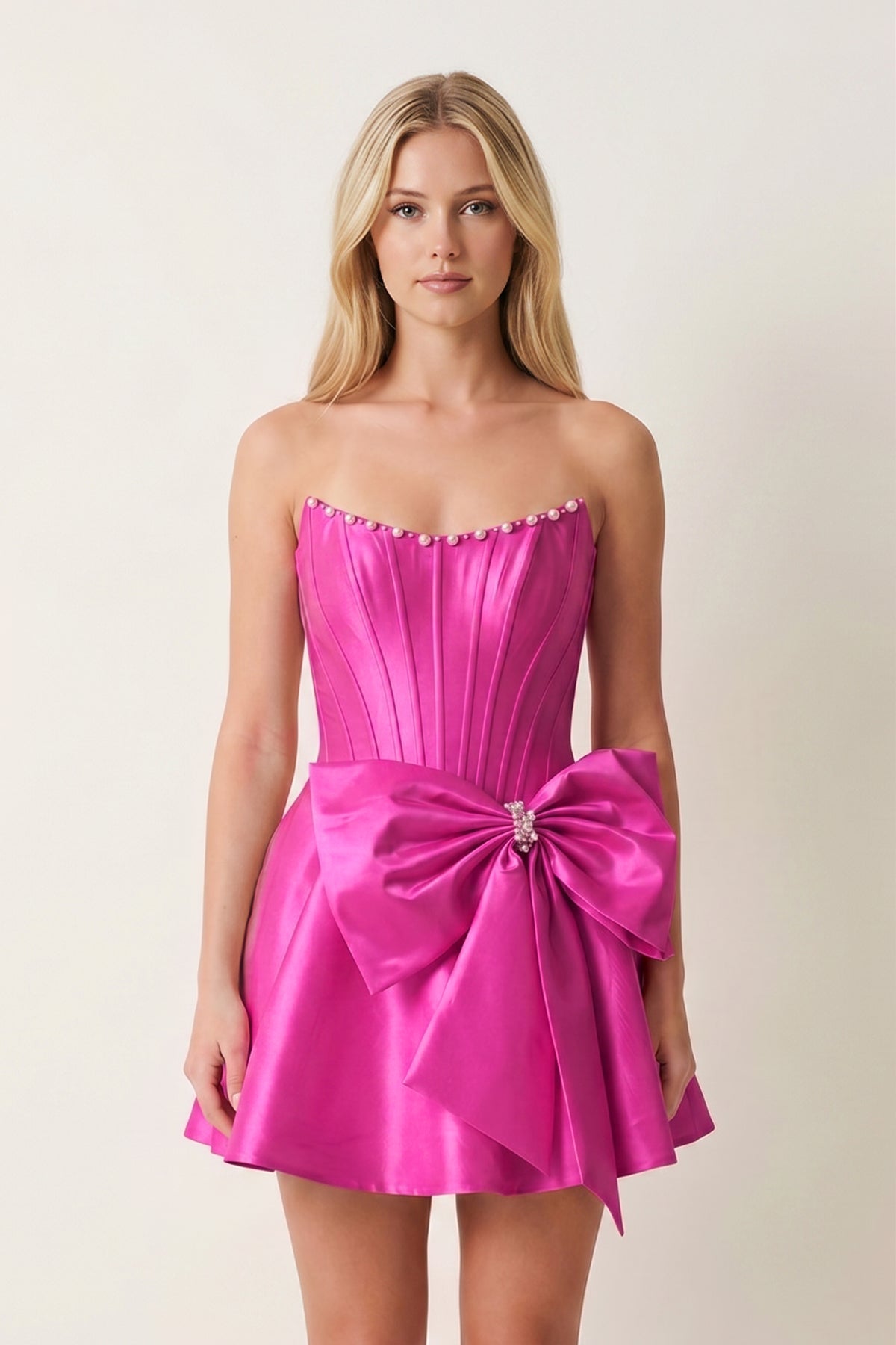 Yellow Satin Strapless A-Line Corset Pearl Homecoming Dress With Bowknot - Curvevia