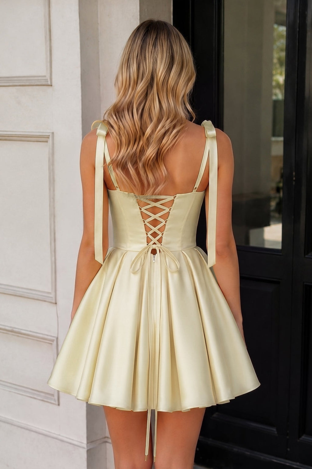 Navy Blue Spaghetti Straps Satin Pleated A-Line Wedding Guest Dress with Bow - Curvevia