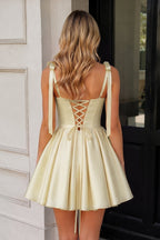 Navy Blue Spaghetti Straps Satin Pleated A-Line Wedding Guest Dress with Bow - Curvevia