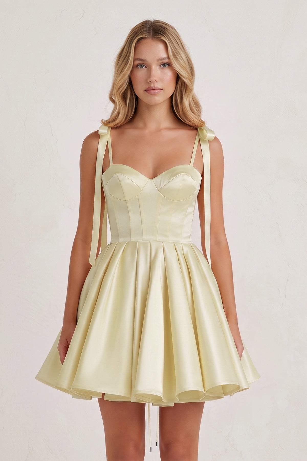Navy Blue Spaghetti Straps Satin Pleated A-Line Wedding Guest Dress with Bow - Curvevia