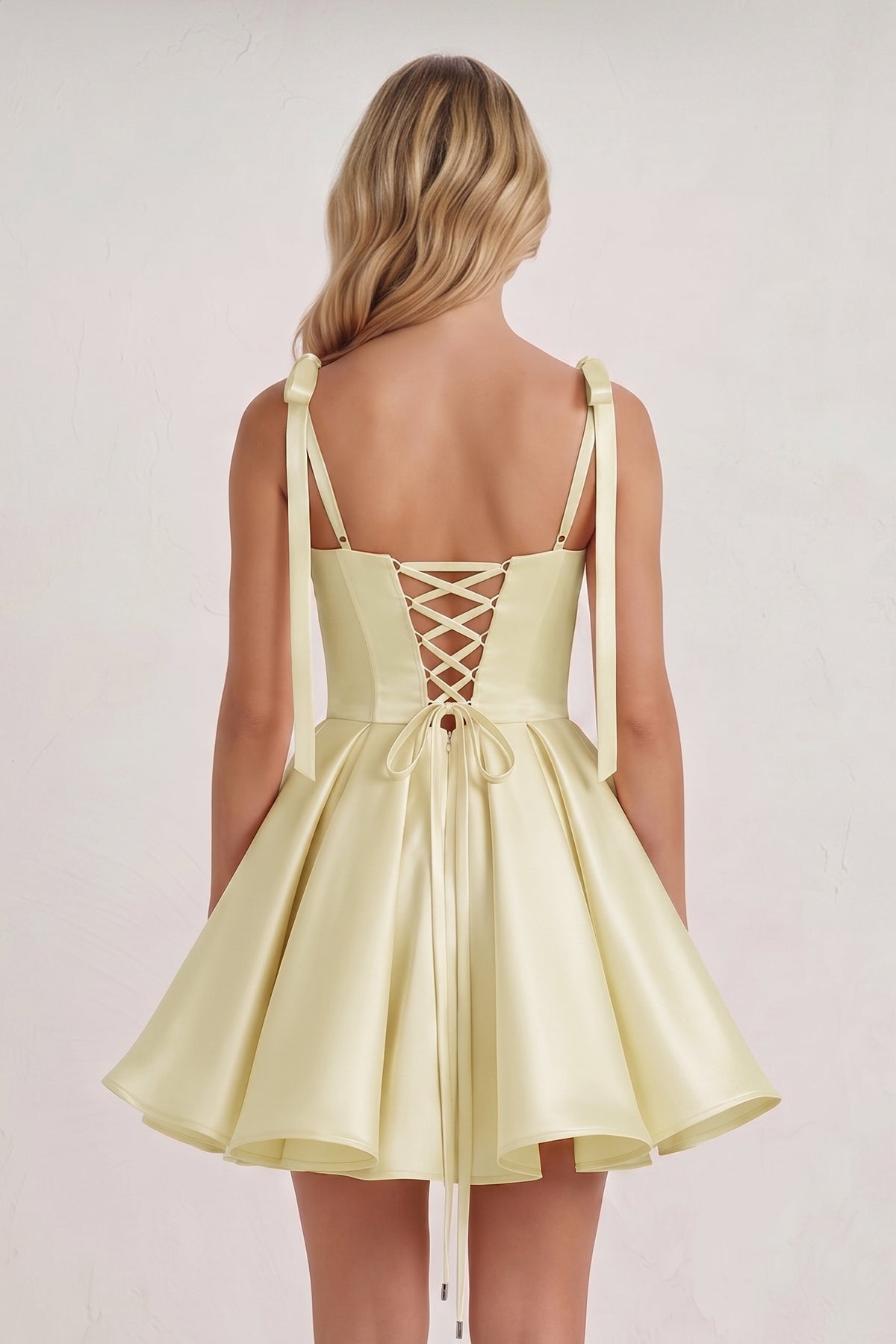 Navy Blue Spaghetti Straps Satin Pleated A-Line Wedding Guest Dress with Bow - Curvevia