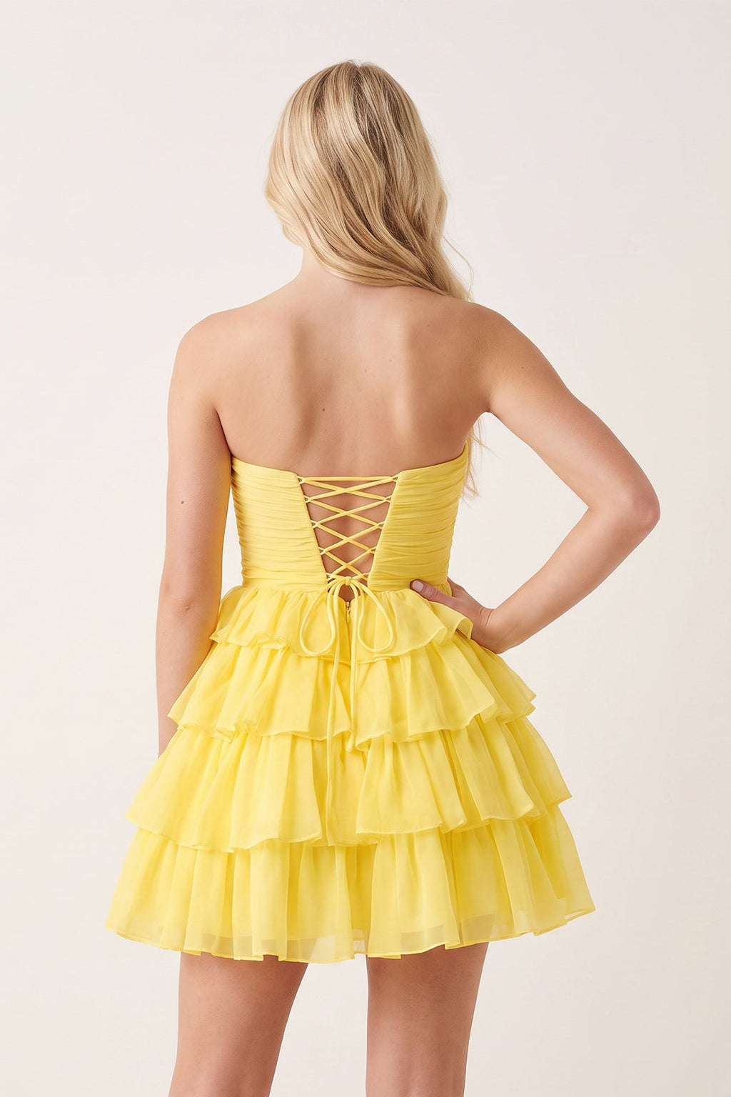 Yellow Strapless A Line Chiffon Ruffled Cocktail Dresses With Bow - Curvevia