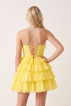 Yellow Strapless A Line Chiffon Ruffled Cocktail Dresses With Bow - Curvevia