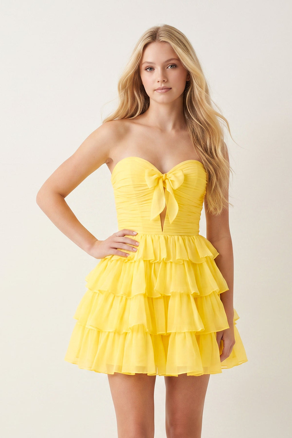 Yellow Strapless A Line Chiffon Ruffled Cocktail Dresses With Bow - Curvevia
