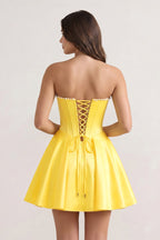 Yellow Strapless A-Line Satin Corset Homecoming Dress With Pearl - Curvevia