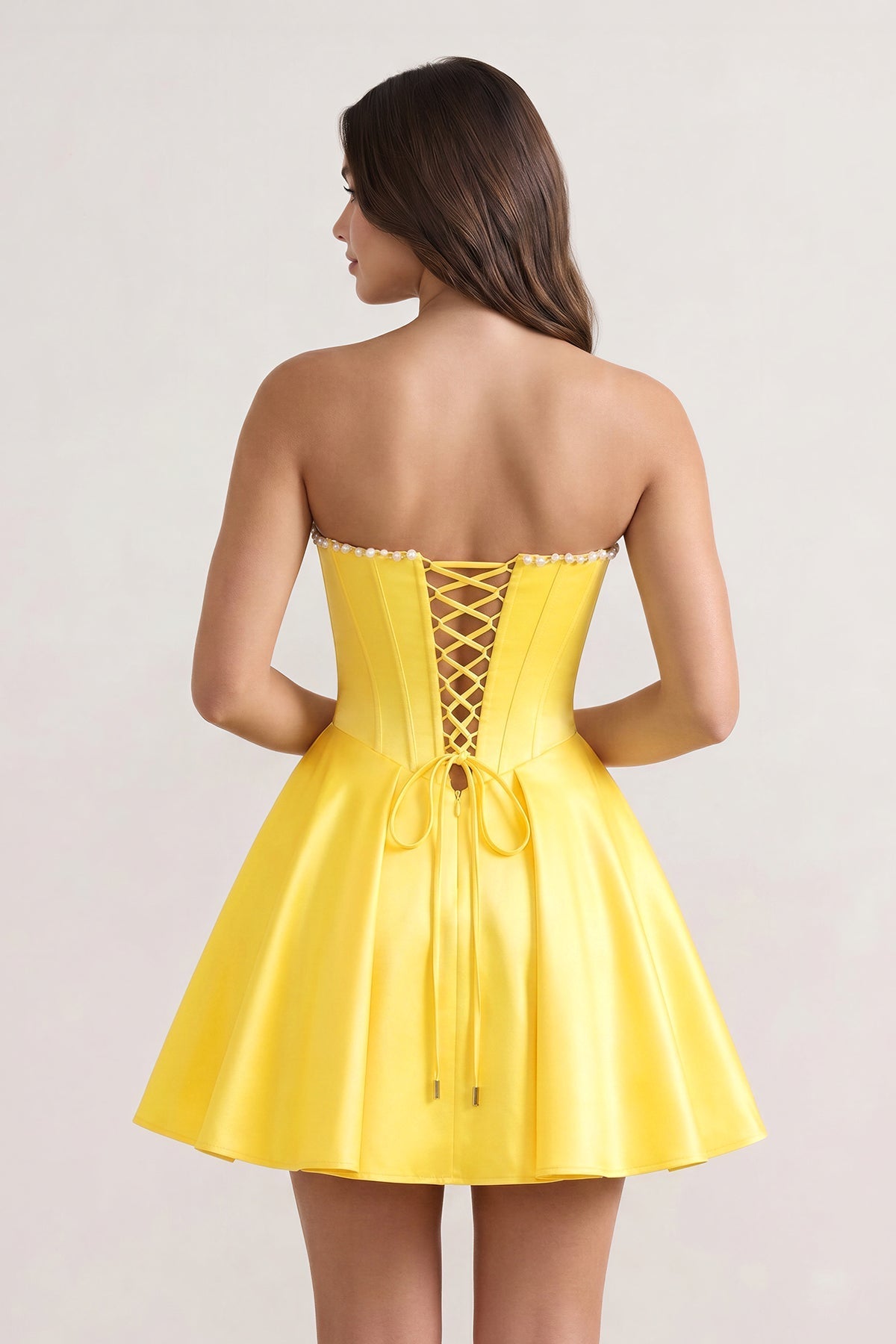 Yellow Strapless A-Line Satin Corset Homecoming Dress With Pearl - Curvevia