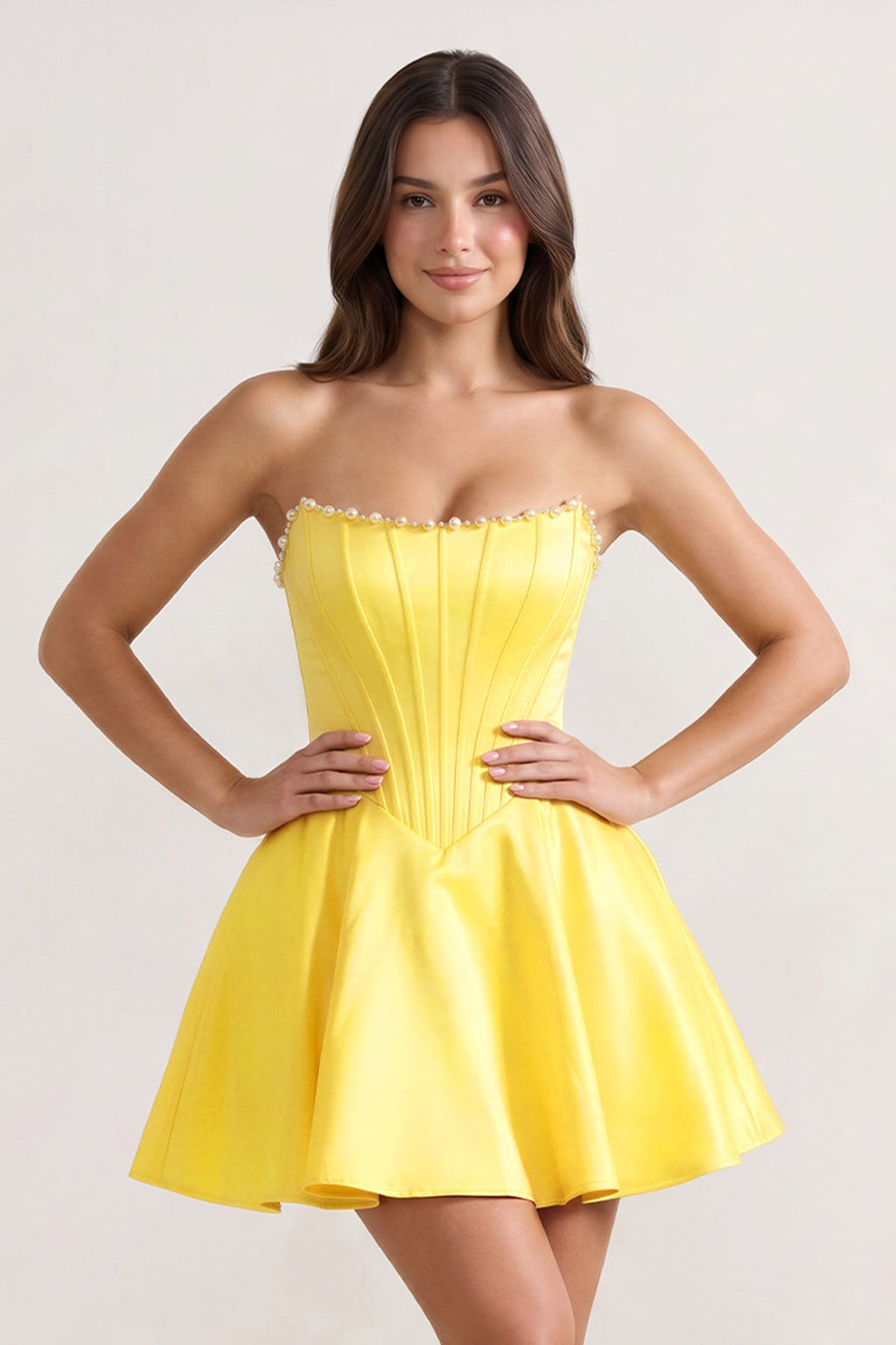 Yellow Strapless A-Line Satin Corset Homecoming Dress With Pearl - Curvevia
