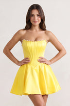 Yellow Strapless A-Line Satin Corset Homecoming Dress With Pearl - Curvevia