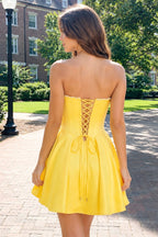 Yellow Strapless A-Line Satin Corset Homecoming Dress With Pearl - Curvevia