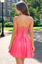 Yellow Strapless A-Line Satin Corset Homecoming Dress With Pearl - Curvevia