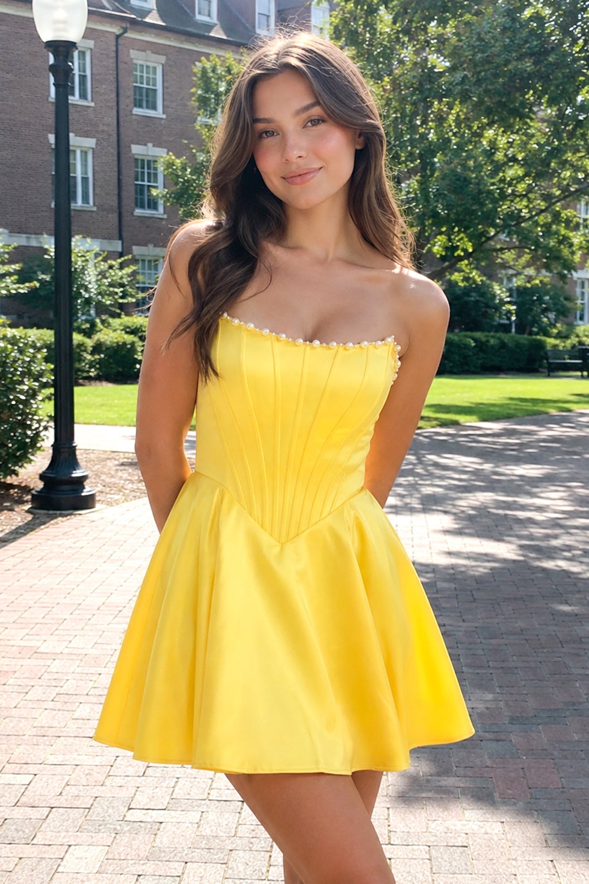 Yellow Strapless A-Line Satin Corset Homecoming Dress With Pearl - Curvevia
