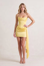 Yellow Strapless Bodycon Satin Corset Homecoming Dress With Ribbon - Curvevia