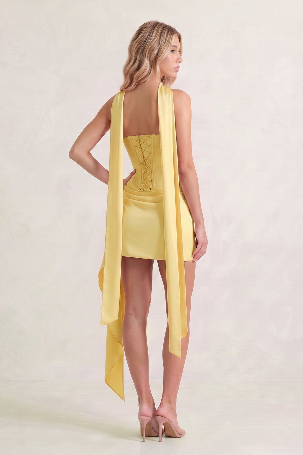 Yellow Strapless Bodycon Satin Corset Homecoming Dress With Ribbon - Curvevia