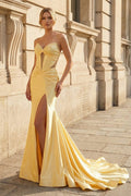 Yellow Sweetheart Mermaid Satin Beaded Long Evening Dress With Slit - Curvevia