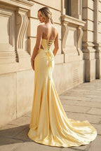 Yellow Sweetheart Mermaid Satin Beaded Long Evening Dress With Slit - Curvevia