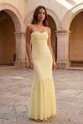 Yellow Strapless Sheath Chiffon Long Evening Dress With Ruffles - Curvevia