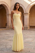 Yellow Strapless Sheath Chiffon Long Evening Dress With Ruffles - Curvevia