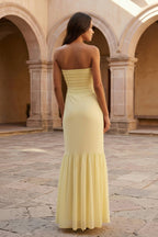 Yellow Strapless Sheath Chiffon Long Evening Dress With Ruffles - Curvevia