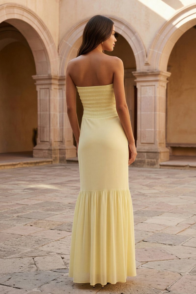 Yellow Strapless Sheath Chiffon Long Evening Dress With Ruffles - Curvevia