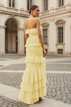 Pink Strapless Sheath Chiffon Ruffled Long Wedding Guest Dress - Curvevia