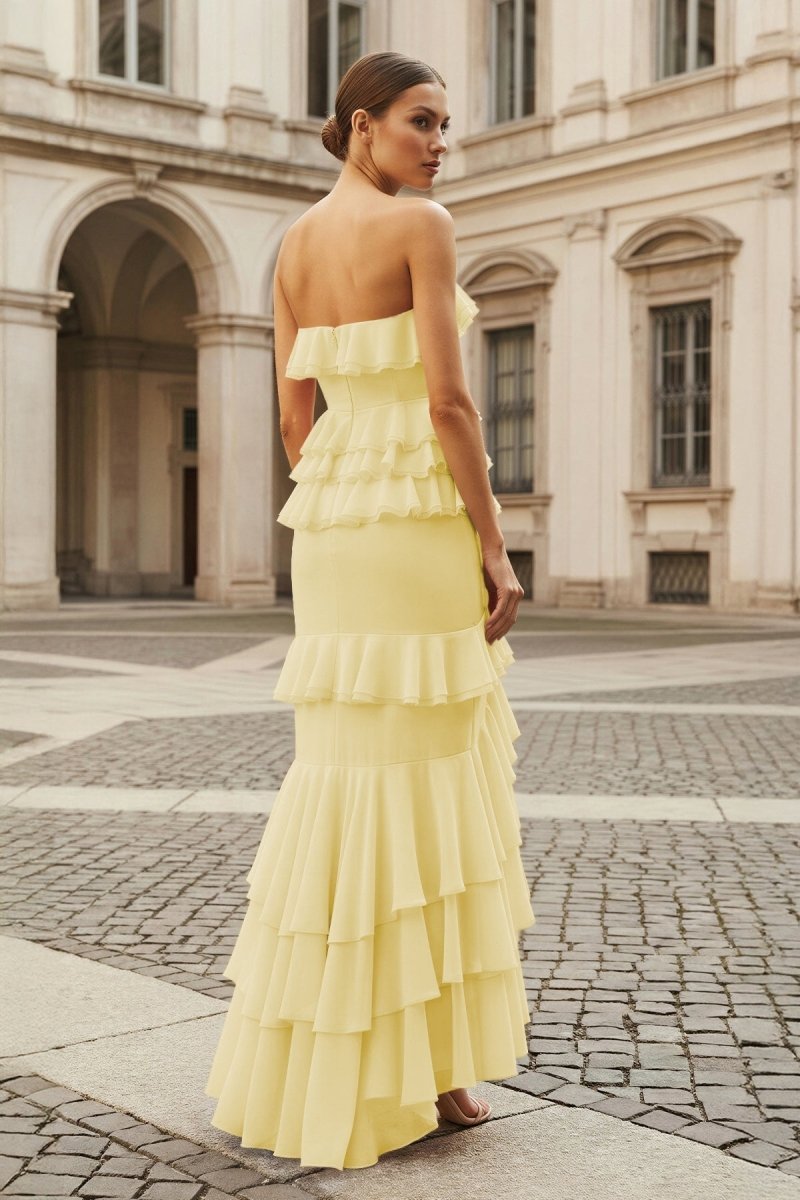 Pink Strapless Sheath Chiffon Ruffled Long Wedding Guest Dress - Curvevia
