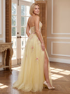 Yellow Tulle A-Line Sweetheart Corset Back Floor-Length Dress with 3D Floral Embroidery & Slit - Curvevia