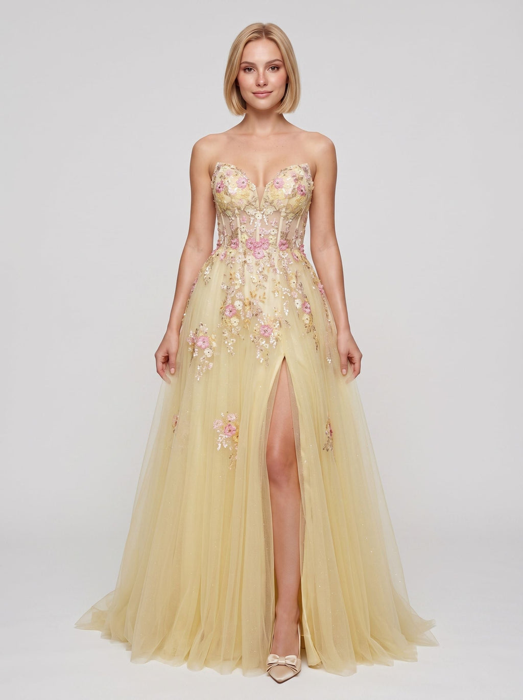 Yellow Tulle A-Line Sweetheart Corset Back Floor-Length Dress with 3D Floral Embroidery & Slit - Curvevia