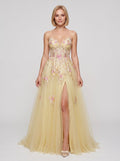 Yellow Tulle A-Line Sweetheart Corset Back Floor-Length Dress with 3D Floral Embroidery & Slit - Curvevia