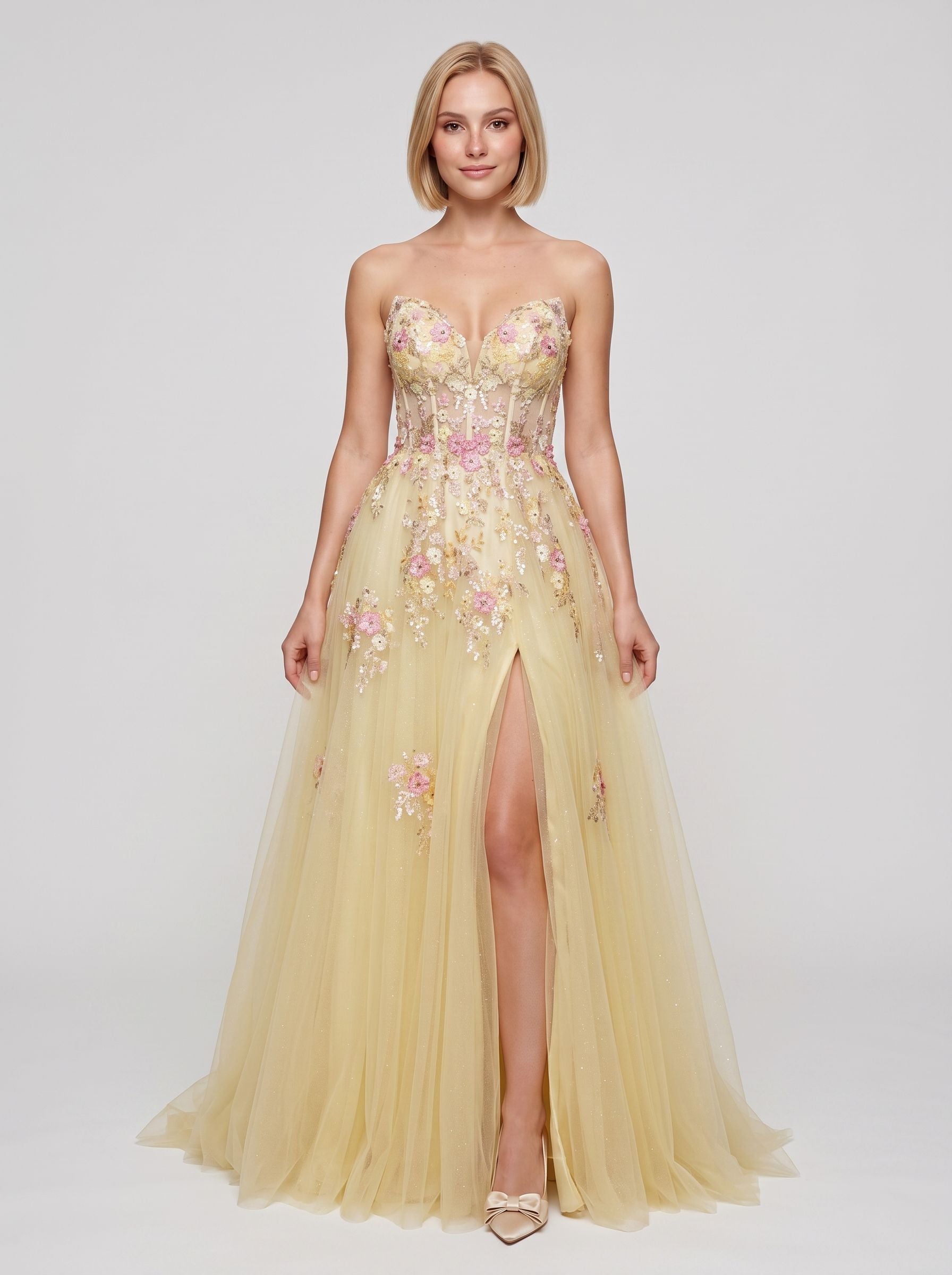 Yellow Tulle A-Line Sweetheart Corset Back Floor-Length Dress with 3D Floral Embroidery & Slit - Curvevia