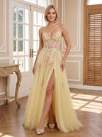 Yellow Tulle A-Line Sweetheart Corset Back Floor-Length Dress with 3D Floral Embroidery & Slit - Curvevia