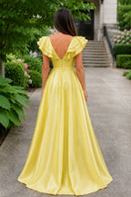 Hot Pink V-Neck Ruffle A-Line Long Wedding Guest Dress - Curvevia