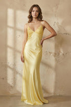 Blue Spaghetti Straps Sheath Satin Long Prom Dresses With Appliques - Curvevia