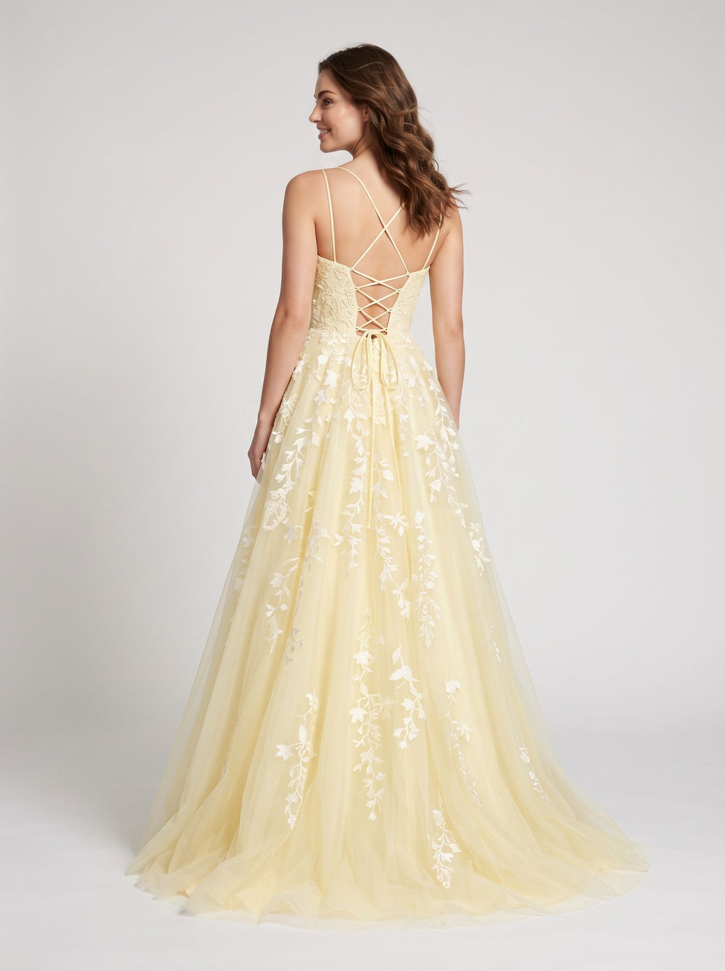 Yellow Tulle & Lace A-Line Scoop Neck Lace-up Floor-Length Dress with Lace Bodice - Curvevia